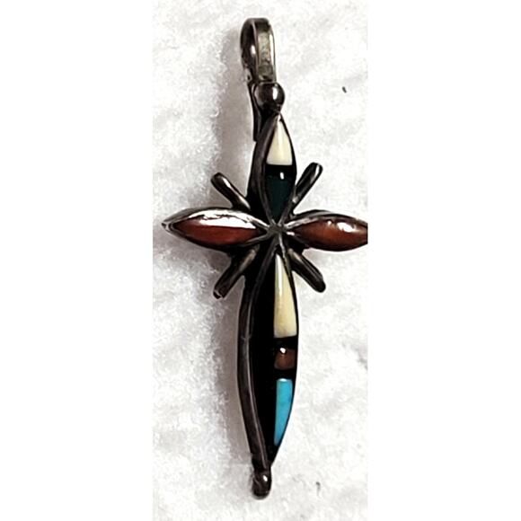 Small Sterling Silver 925 Signed Initials Zuni Cross Pendant Small Hook Bail - Picture 2 of 9